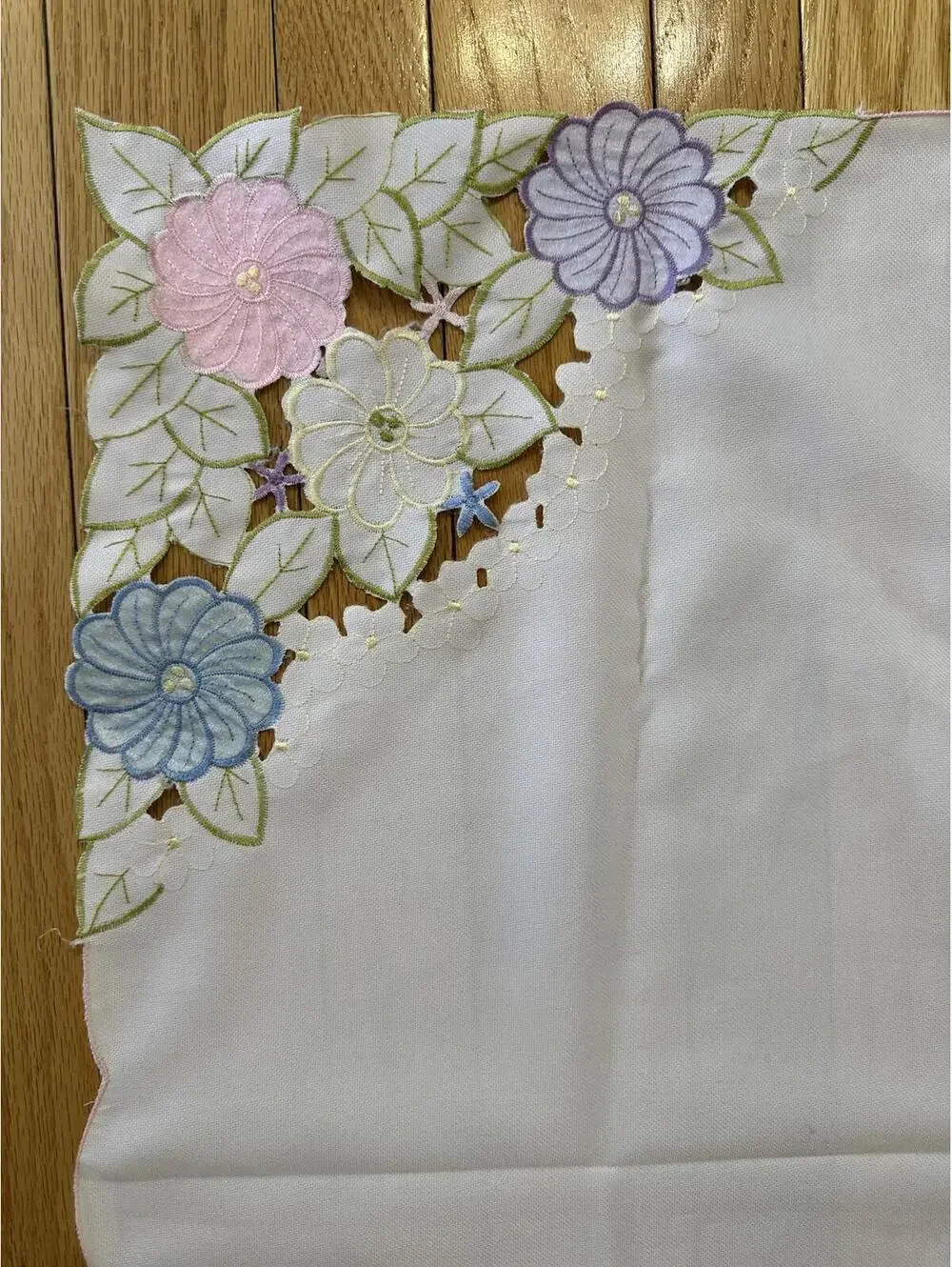 VTG Spring Tablecloth 51x69 Pink Purple Floral Applique Cottagecore Farmhouse